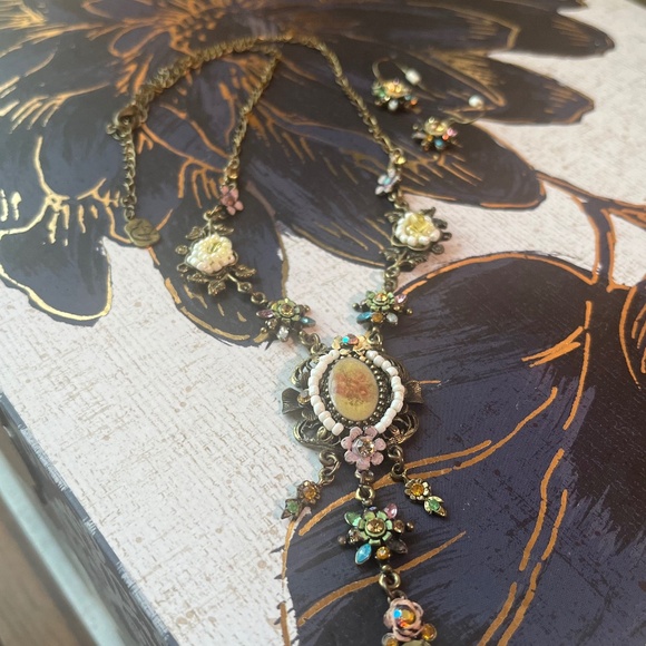 Vintage 90s 00s Designer Beaded Bronze Flower Rhinestone Necklace Earrings A1 - Picture 1 of 16